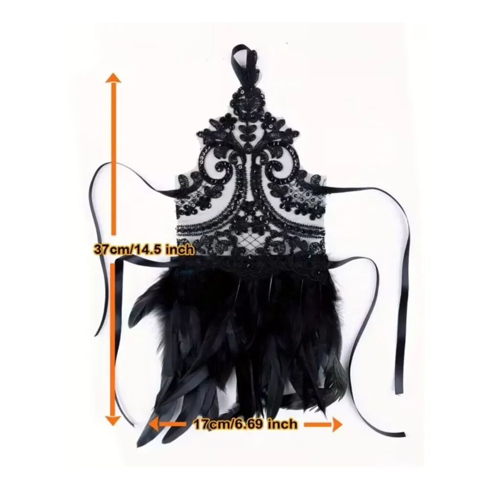 NWT Gothic Black Lace Feather Fingerless Gloves Witch Halloween Cosplay Cuffs